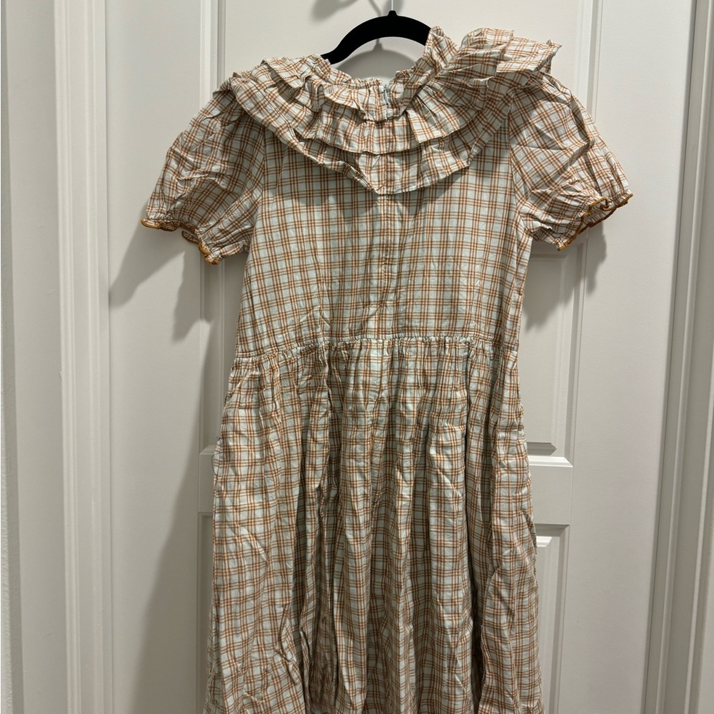 Pink Chicken Plaid Ruffle Dress Brown Size 14 - Picture 2 of 4